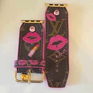 Louis Vuitton Brown Monogram Watch Band with Pink Lip Motif